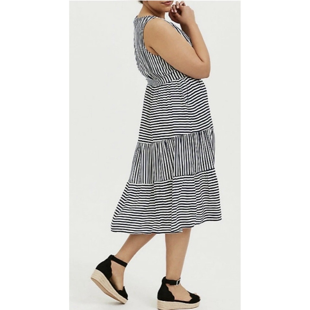 Torrid Tiered MIDI Dress 2X Navy White Stripe Challis Tie Summer Nautical Staple - Picture 3 of 15